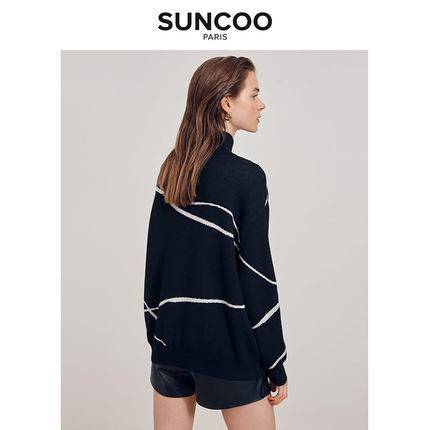 SUNCOO黑白幾何圖案立領優雅氣質時尚法式舒適透氣女士新品毛衣